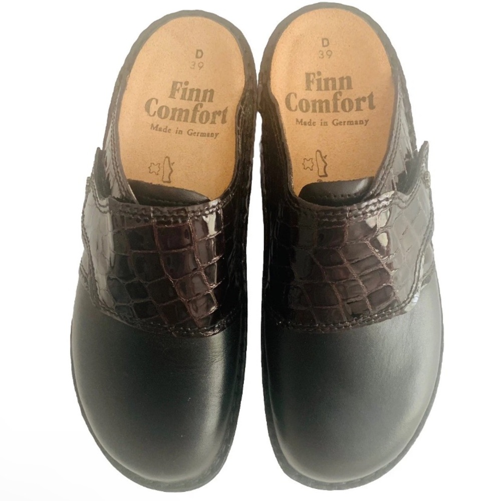 NWB Finn Comfort Black and Dark Brown Leather Slip-On Clogs Mules Women Sz EU 39